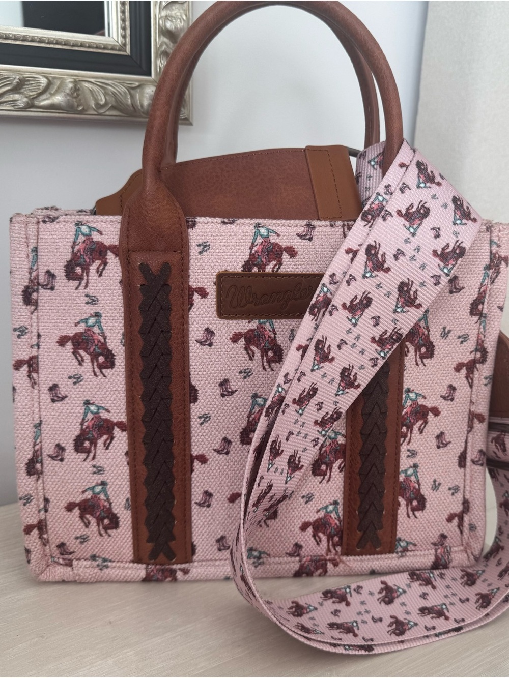 Wrangler Pink Canvas Tote with Brown Leather Accents